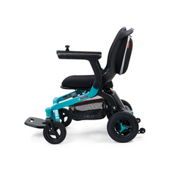 GOLDEN TECHNOLOGIES Ally Portable Power Chair in teal and black, side view showcasing compact design