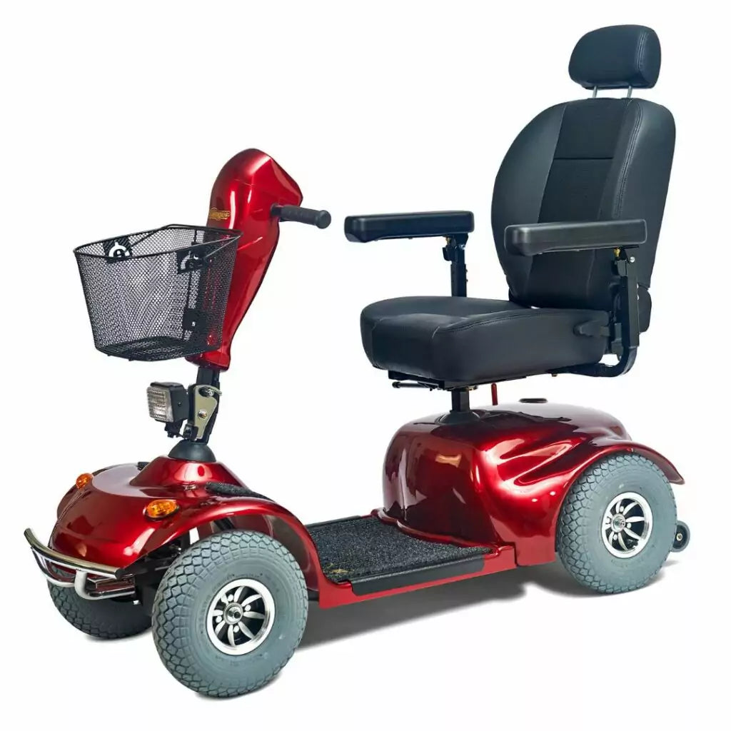 GOLDEN TECHNOLOGIES Avenger 4 wheel Heavy Duty Mobility Scooter in red with comfortable seating and storage basket
