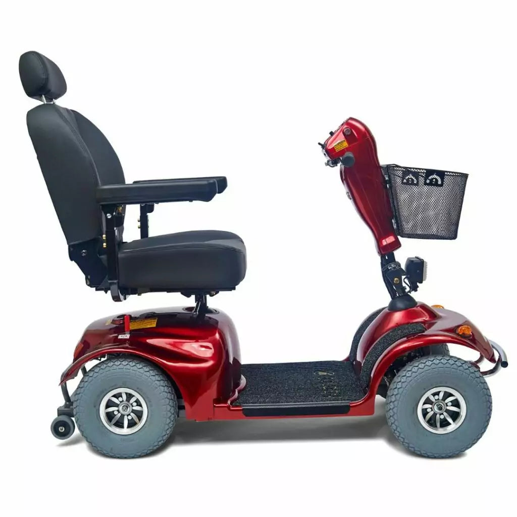 Avenger 4 wheel Heavy Duty Mobility Scooter in red with comfortable seat and storage basket