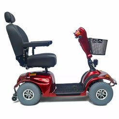 Avenger 4 wheel Heavy Duty Mobility Scooter in red with comfortable seat and storage basket