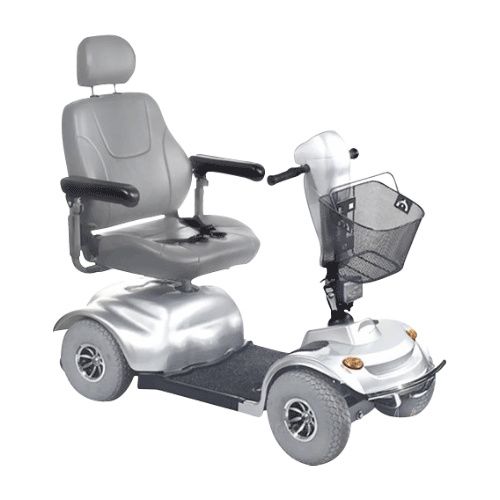 GOLDEN TECHNOLOGIES Avenger 4 wheel Heavy Duty Mobility Scooter in silver with adjustable seat and storage basket