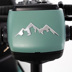 Close-up of the green control panel with mountain logo on Pride Mobility Baja Bandit mobility scooter