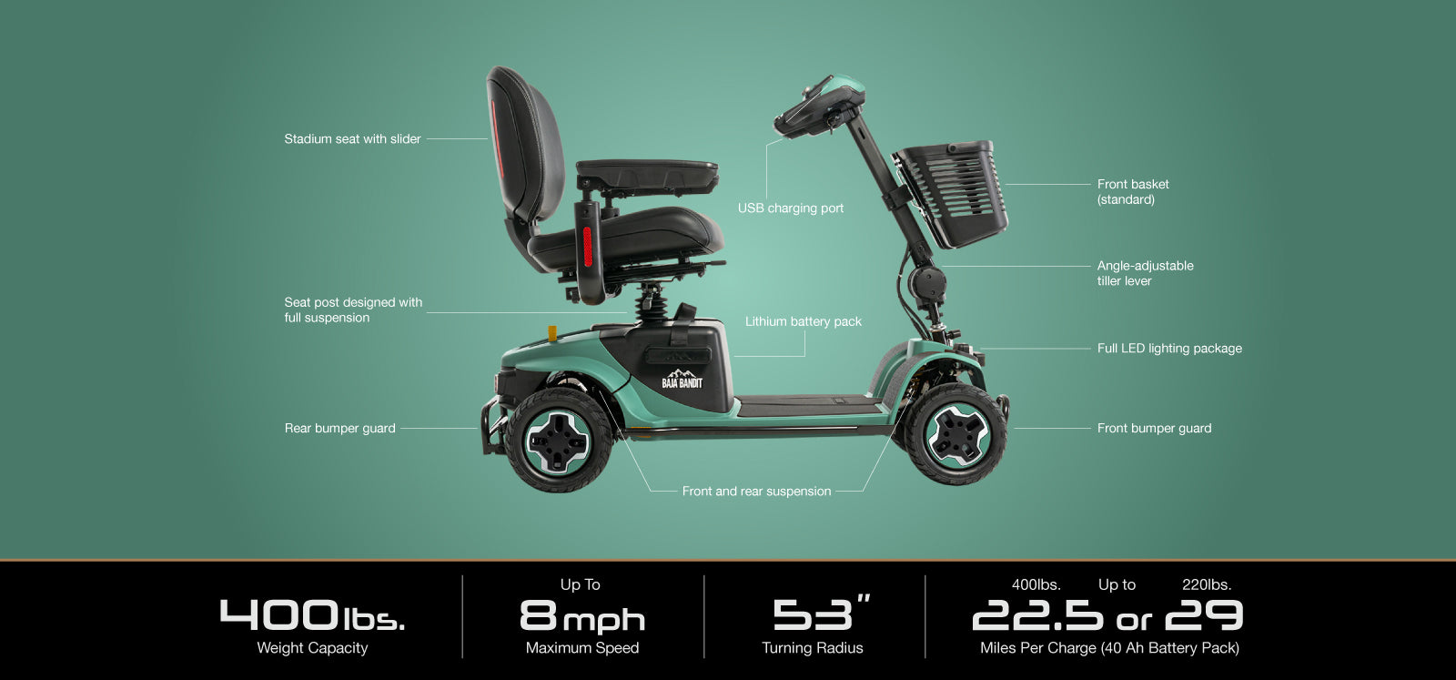 Pride Mobility Baja Bandit mobility scooter with stadium seat, front basket, and full LED lighting