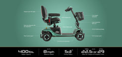 Pride Mobility Baja Bandit mobility scooter with stadium seat, front basket, and full LED lighting