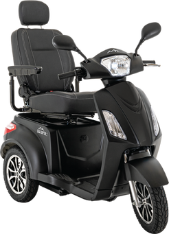 Pride Mobility Baja Raptor 2 3-Wheel Mobility Scooter in black with comfortable seat and rearview mirrors