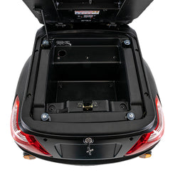 Open rear storage compartment of Pride Mobility Baja Raptor 2 3-Wheel Mobility Scooter showing black interior space