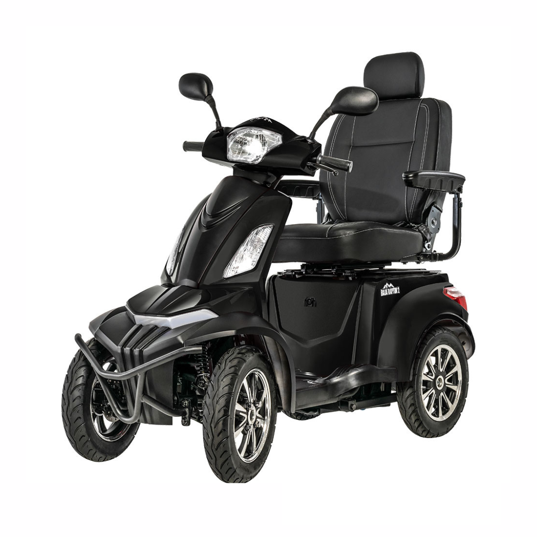 Pride Mobility Baja Raptor 2 4 Wheel Mobility Scooter in black, front view with adjustable seat