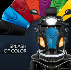 Pride Mobility Baja Raptor 2 4 Wheel Mobility Scooter in colorful design from the front view