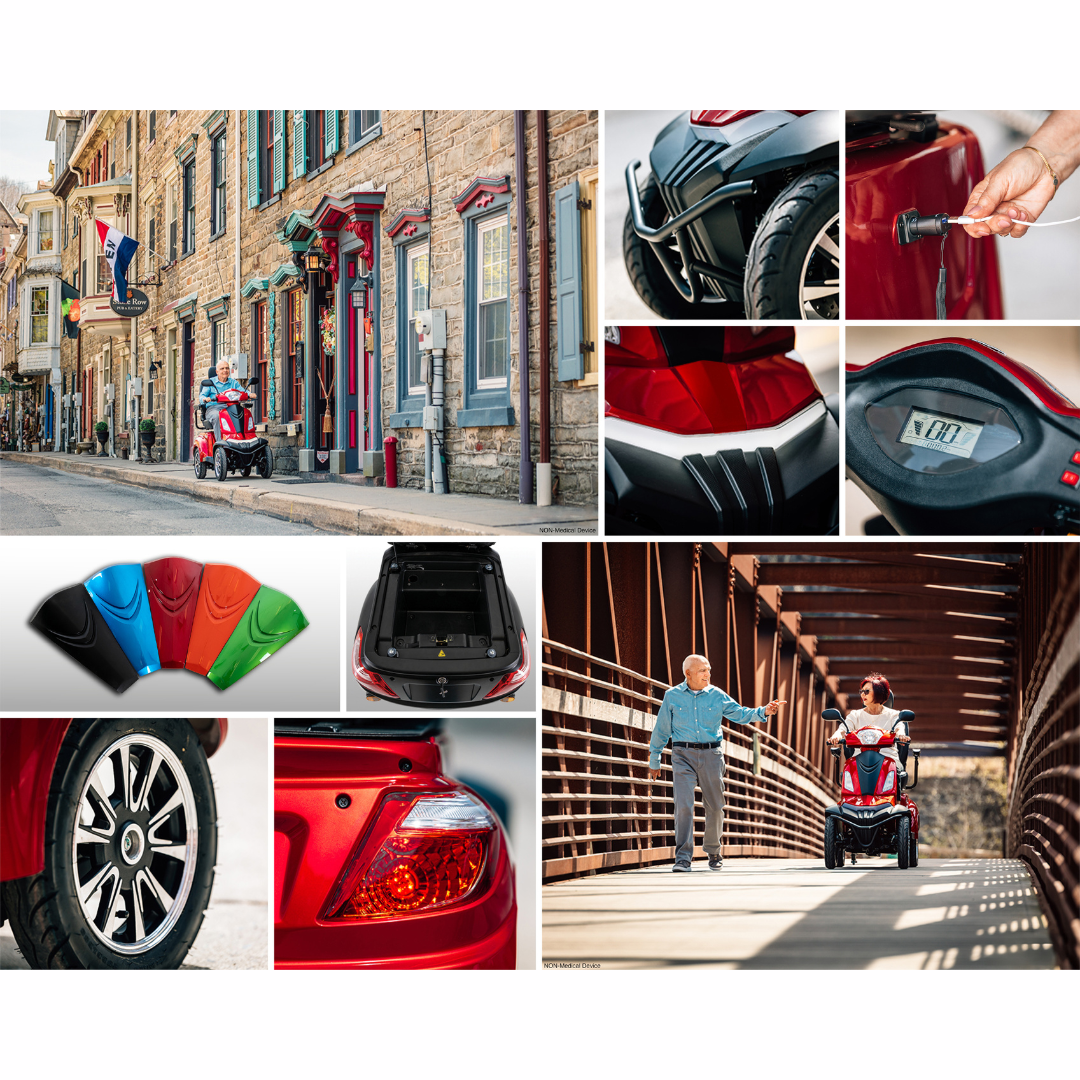 Pride Mobility Baja Raptor 2 4 Wheel Mobility Scooter in red with features and scenic view