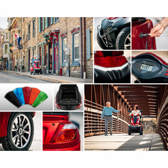 Pride Mobility Baja Raptor 2 4 Wheel Mobility Scooter in red with features and scenic view