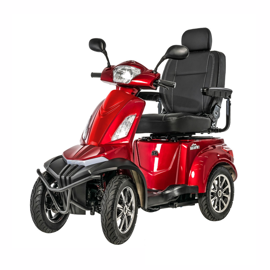 Pride Mobility Baja Raptor 2 4 Wheel Mobility Scooter in red from the side