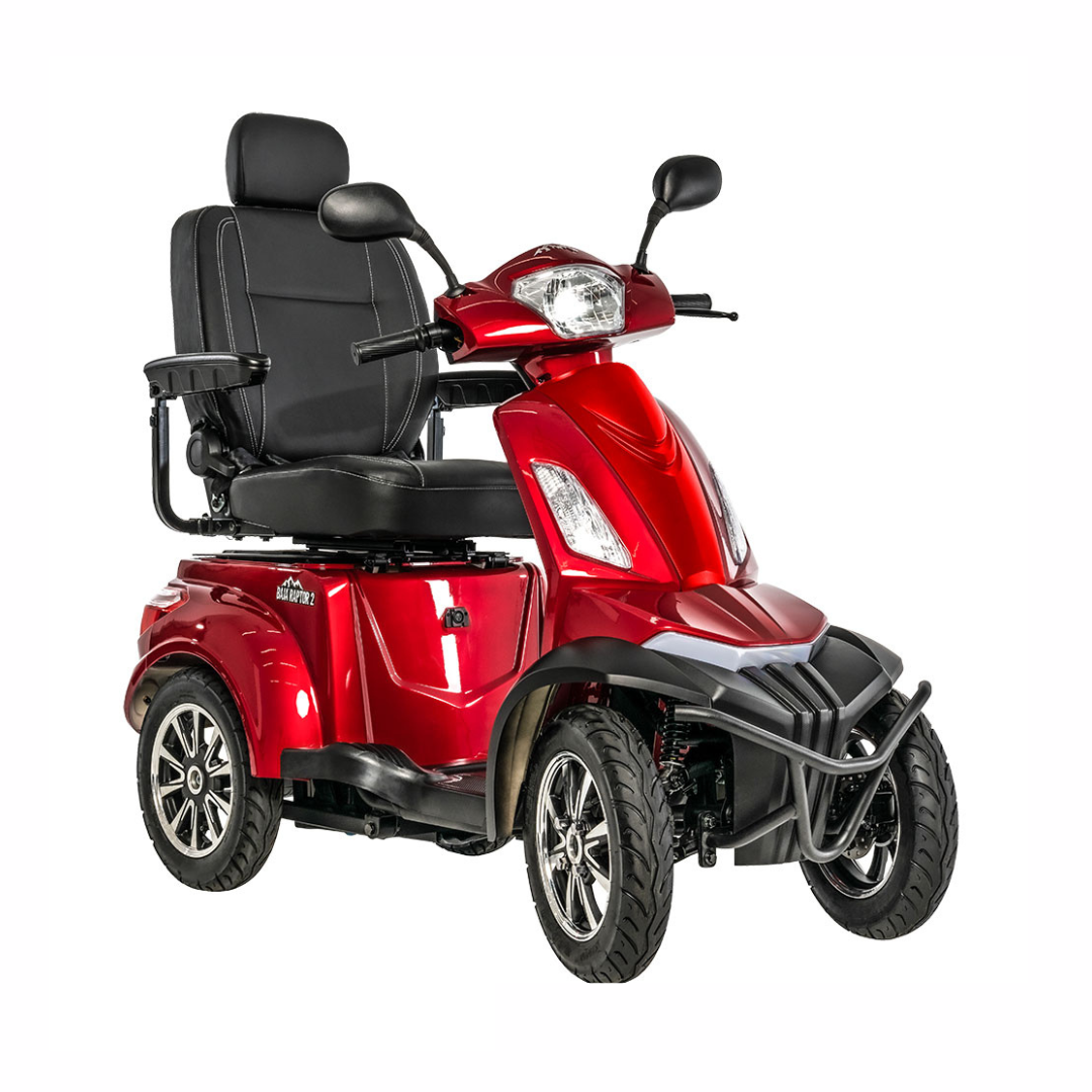 Pride Mobility Baja Raptor 2 4 Wheel Mobility Scooter in red from side view