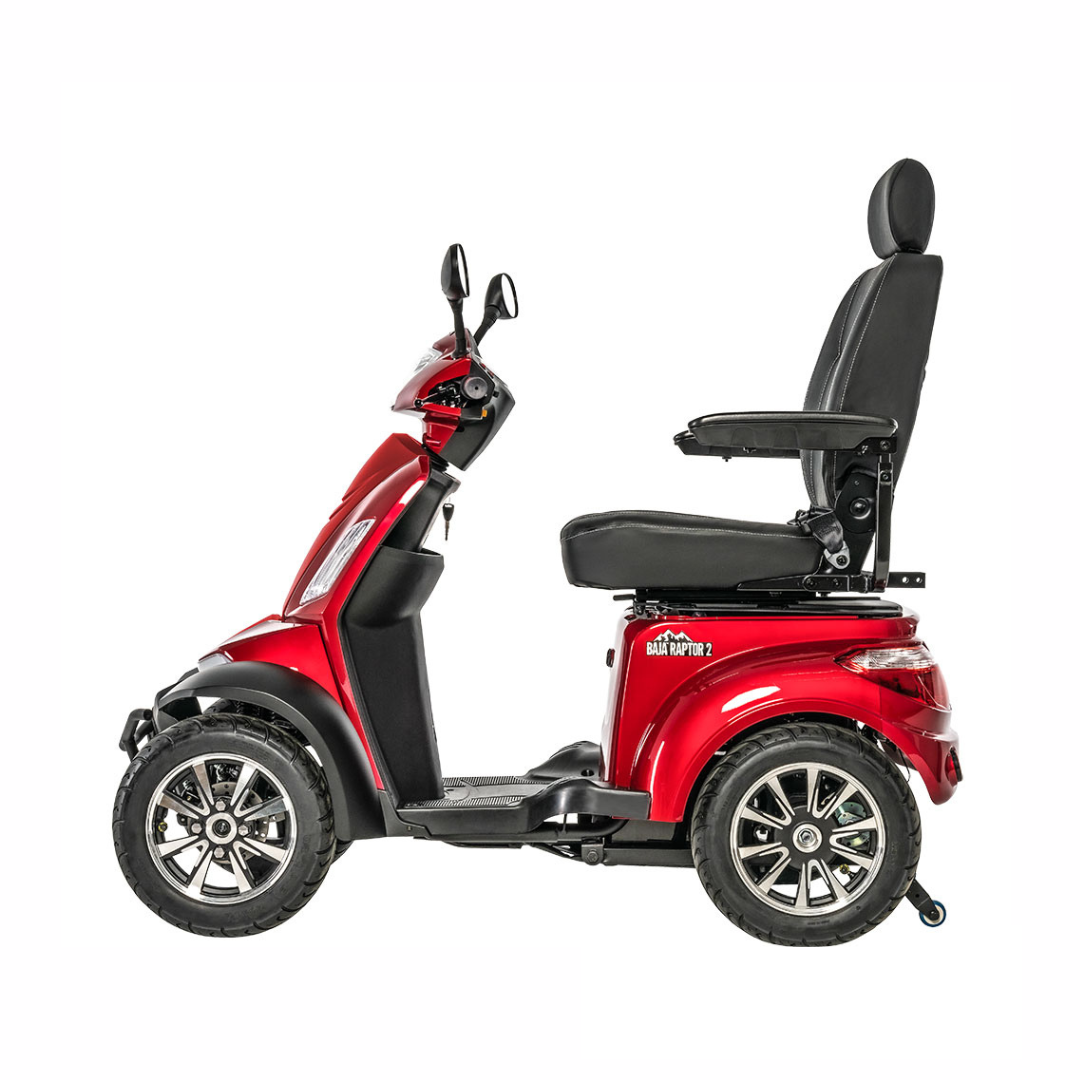Pride Mobility Baja Raptor 2 4 Wheel Mobility Scooter in red, side view with seat up