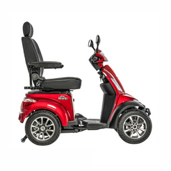 Pride Mobility Baja Raptor 2 4 Wheel Mobility Scooter in red, side view showcasing the seating and design
