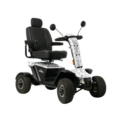 Pride Mobility Baja Wrangler 2 4 Wheel Mobility Scooter with off-road tires and comfortable black seat