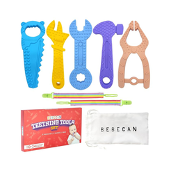 Bebecan best teething toys for babies set with colorful tool-shaped teethers bands and storage bag
