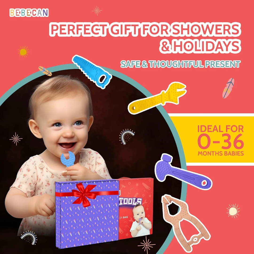 Bebecan best teething toys for babies with colorful tool-shaped teethers ideal for 0-36 months