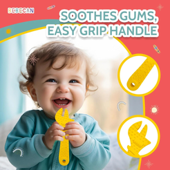 Baby holding yellow teething toy with easy grip handle from BEBECAN best teething toys for babies