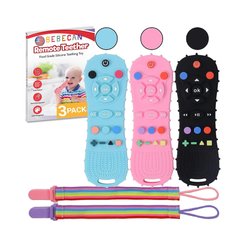 BEBECAN Silicone Baby Remote Teether 3 pack in blue pink and black with colorful buttons and pacifier clips
