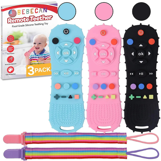 BEBECAN Silicone Baby Remote Teether 3 pack in blue pink and black with colorful buttons and pacifier clips