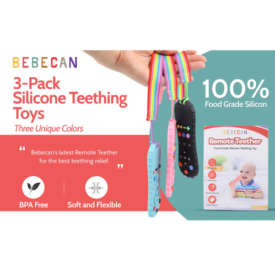 BEBECAN Silicone Baby Remote Teether 3-pack in pastel blue, pink, and black with rainbow straps
