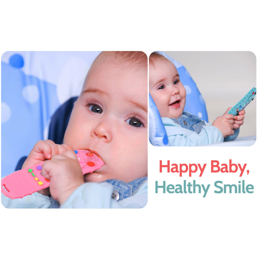 BEBECAN Silicone Baby Remote Teether in pink being used by a happy baby with a healthy smile