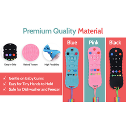 BEBECAN Silicone Baby Remote Teether in blue pink and black with raised texture and flexible material