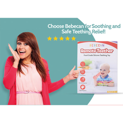 BEBECAN Silicone Baby Remote Teether food grade silicone teething toy packaging with happy baby and smiling woman