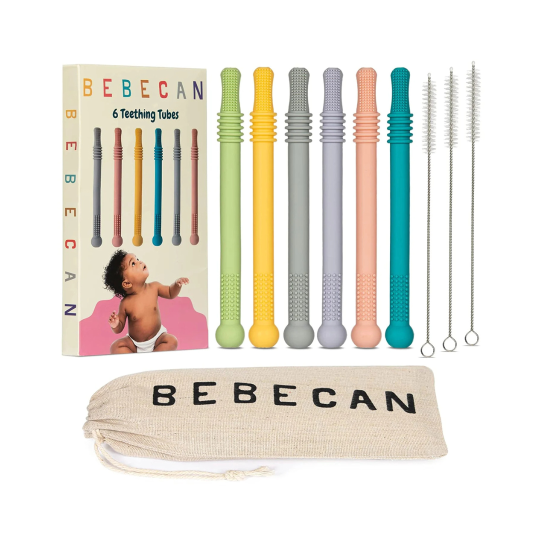 BEBECAN Teething Tubes set with six colorful silicone tubes, brushes, and a storage pouch for babies