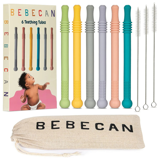 BEBECAN Teething Tubes set with six colorful silicone tubes, brushes, and a storage pouch for babies
