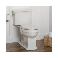 Bemis Clean Shield Raised Toilet Seat installed on a white toilet in a bathroom with wood floor
