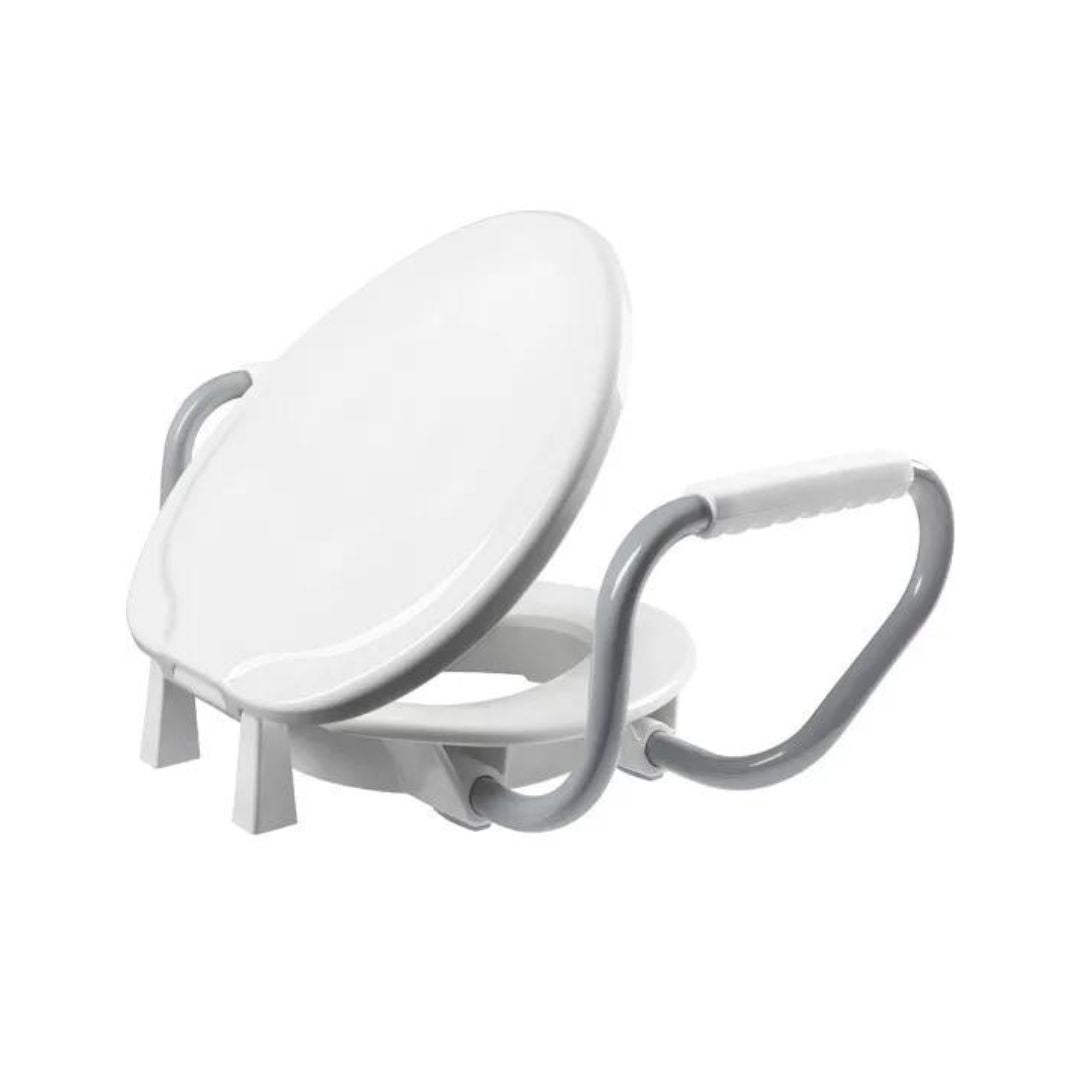 Bemis Clean Shield Raised Toilet Seat with white lid and gray safety handles for bathroom support