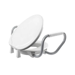 Bemis Clean Shield Raised Toilet Seat with White lid and gray support handles for added safety