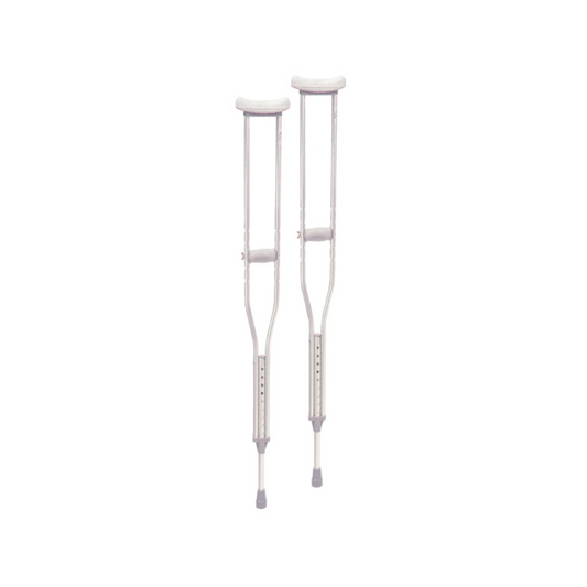 Drive Medical Aluminum Walking Crutches with Underarm Pad & Handgrip in silver color, standing upright