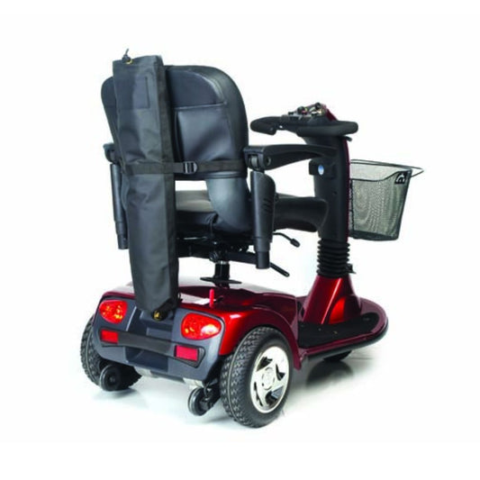 GOLDEN TECHNOLOGIES Crutch Holder attachment on red mobility scooter