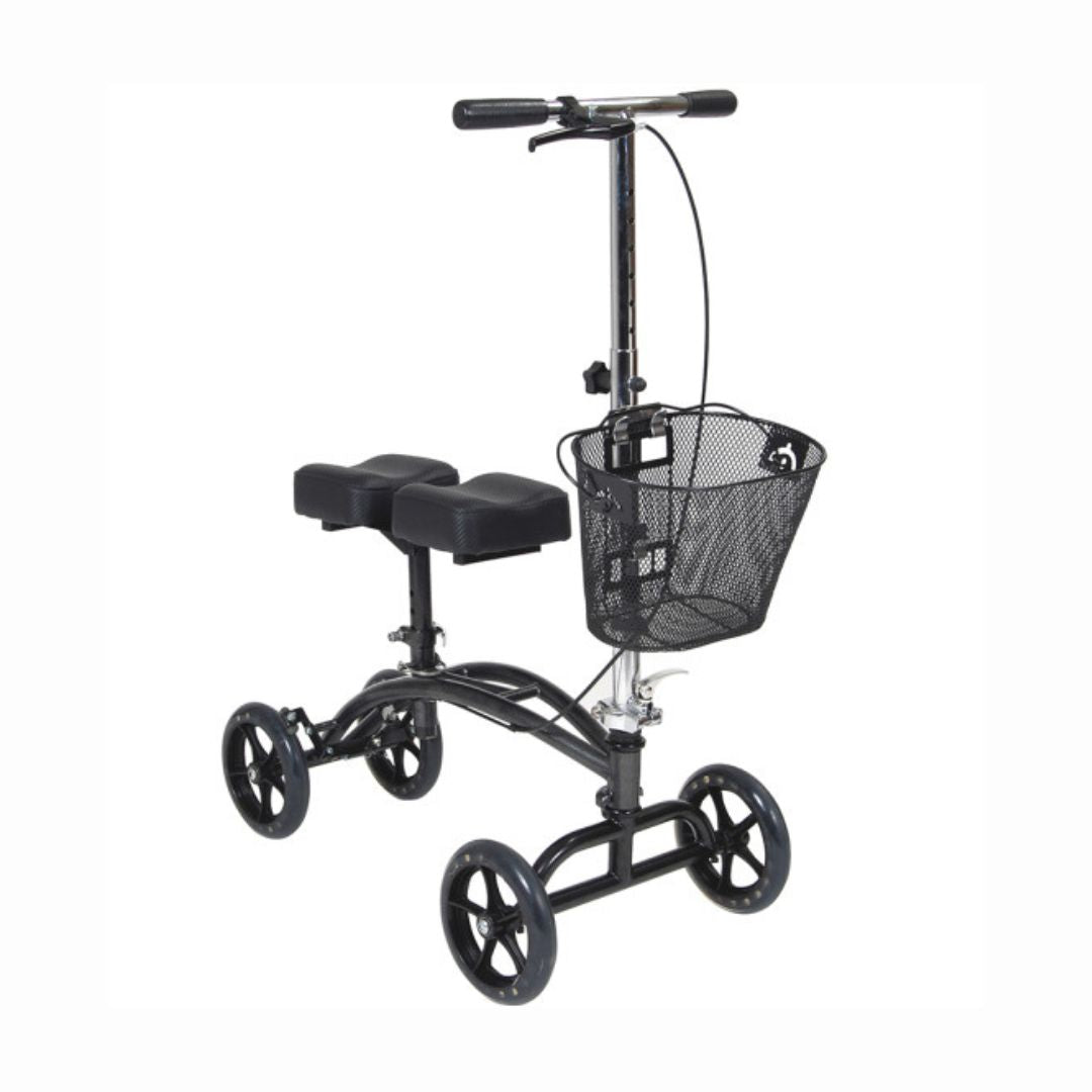 Drive Medical Steerable Knee Walker in black with adjustable handle and front basket