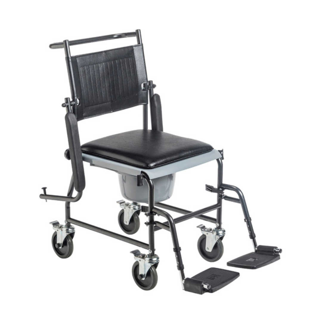Drive Medical Upholstered Drop Arm Wheeled Commode in Black with footrests and wheels