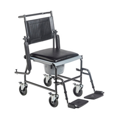 Drive Medical Upholstered Drop Arm Wheeled Commode in Black with footrests and wheels