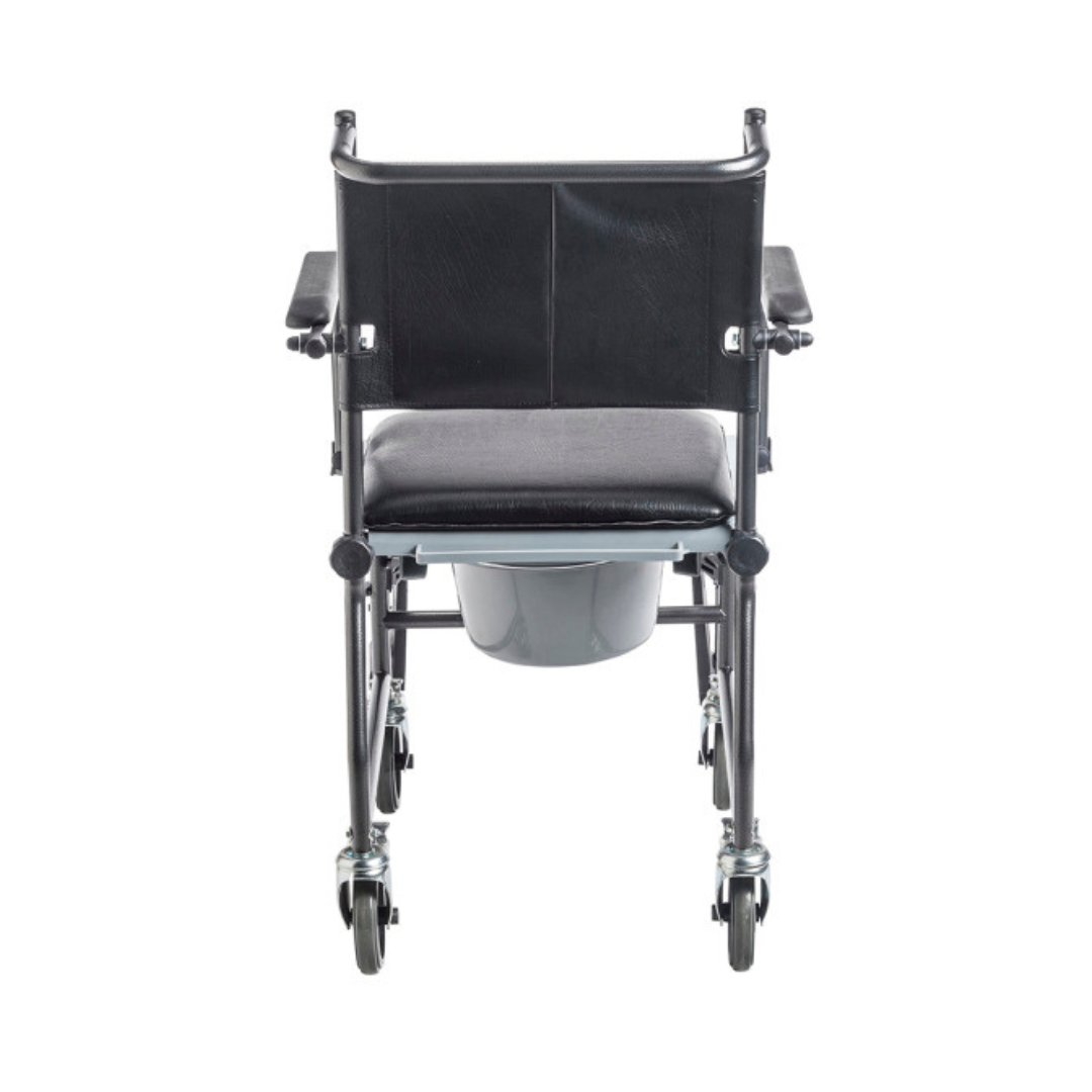 Drive Medical Upholstered Drop Arm Wheeled Commode with black seat and backrest, rear view