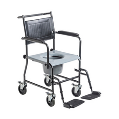 Drive Medical Upholstered Drop Arm Wheeled Commode with black frame and gray seat