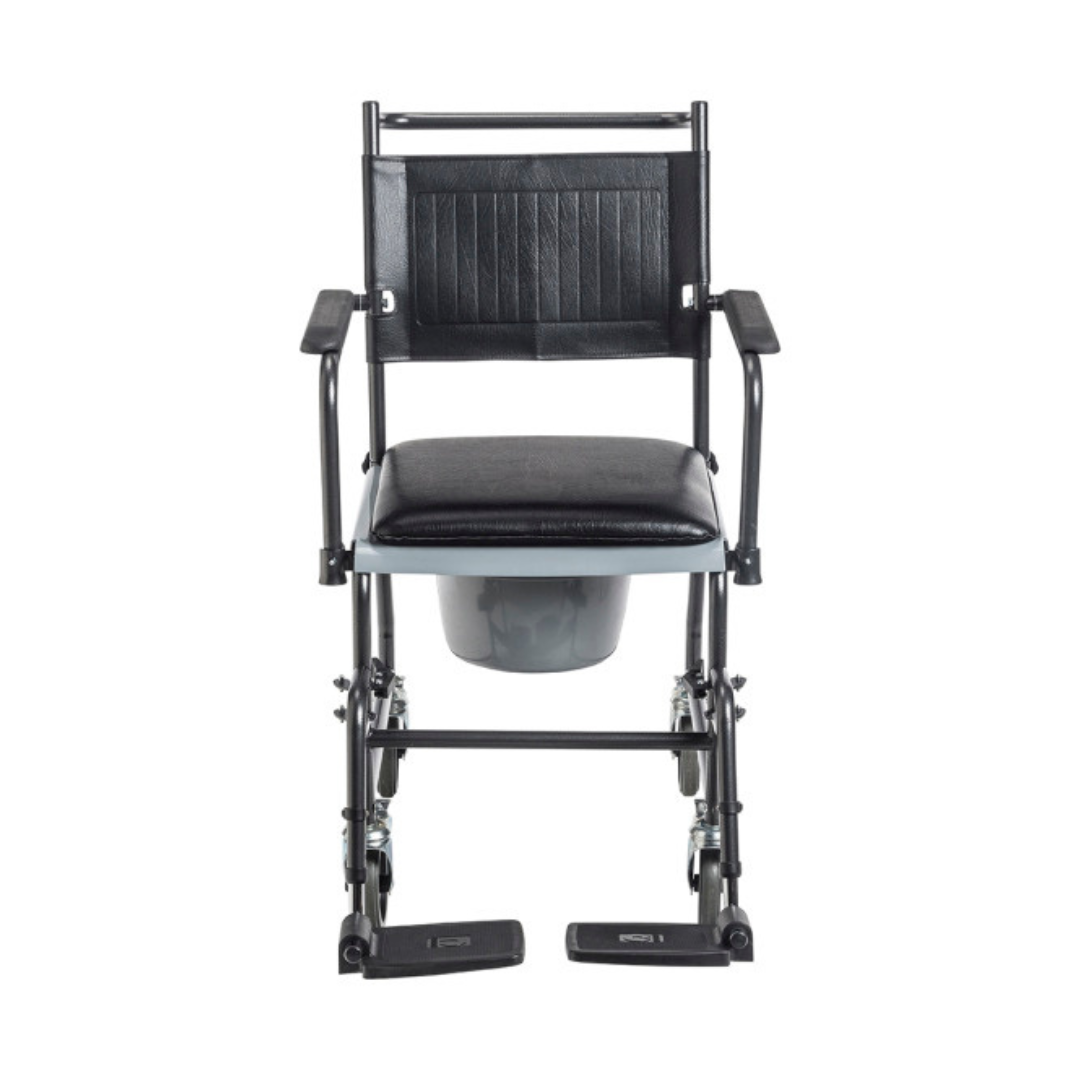 Drive Medical Upholstered Drop Arm Wheeled Commode in black with front view