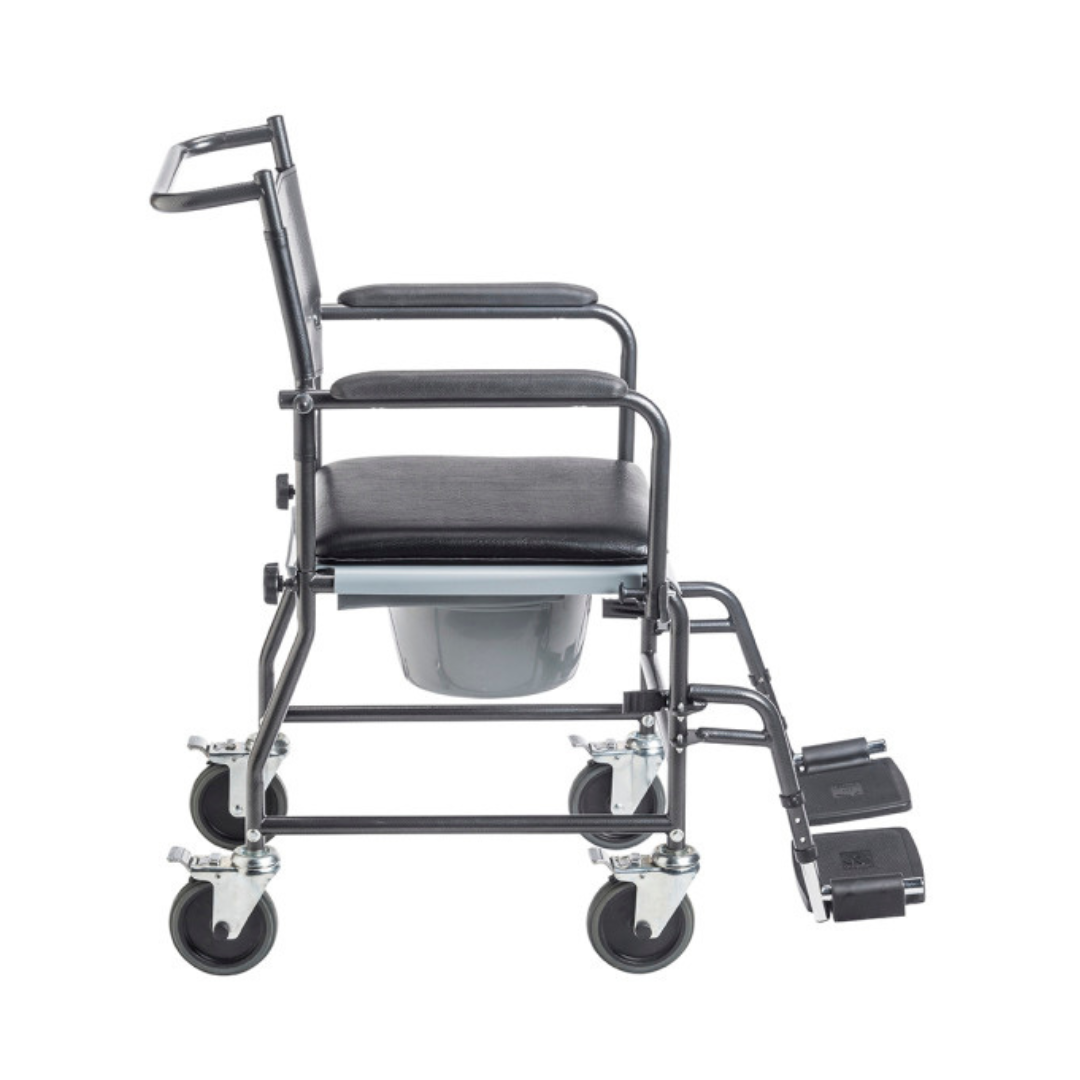 Drive Medical Upholstered Drop Arm Wheeled Commode side view with removable bucket
