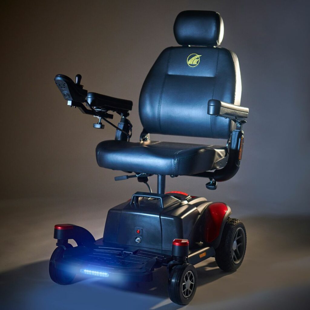 Golden Technologies BuzzAbout Power Chair in black with adjustable armrests and front lights
