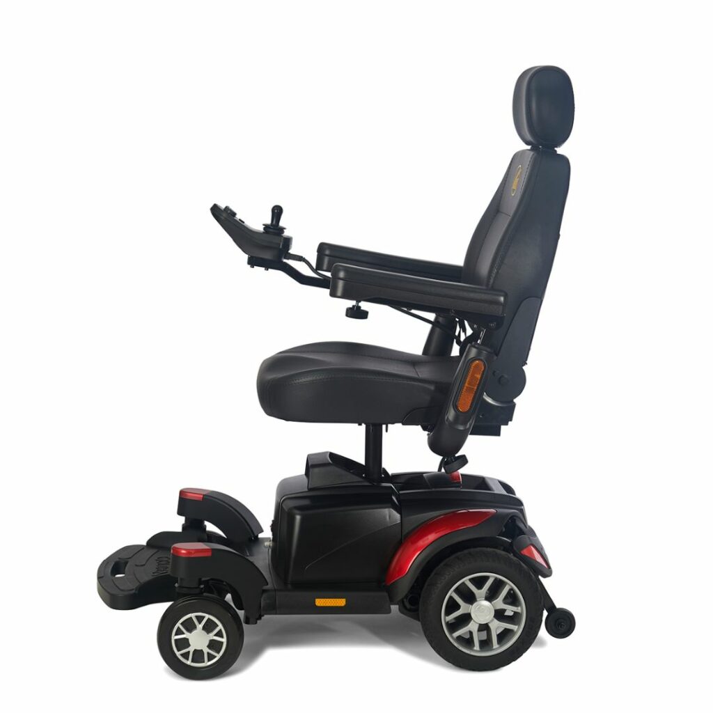 Golden Technologies BuzzAbout Power Chair in black with side view showing compact design