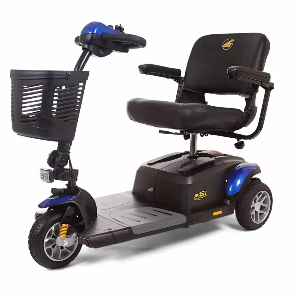 Buzzaround EX Extreme 3 Wheel Mobility Scooter in blue with ergonomic seat and storage basket