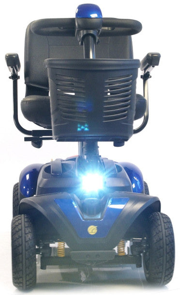 Buzzaround EX Extreme 4 Wheel Mobility Scooter in blue with front LED light and comfortable seating