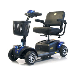 Buzzaround EX Extreme 4 Wheel Mobility Scooter in blue with comfortable seat and front basket