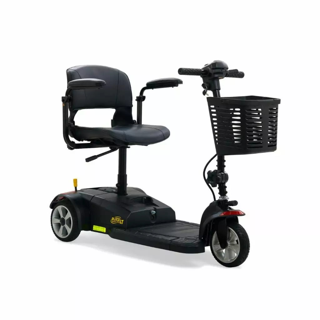 Buzzaround LT 3 Wheel Mobility Scooter in black with basket and comfortable seat for easy transport