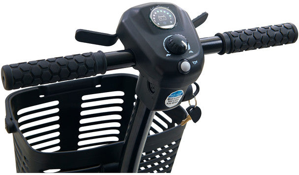 Buzzaround LT 3 Wheel Mobility Scooter handlebars with control panel and basket for easy maneuvering