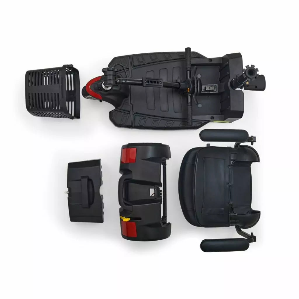 Buzzaround LT 3 Wheel Mobility Scooter disassembled with seat, battery, and basket components visible